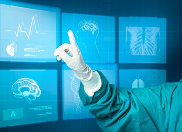 Hand in medical glove pointing to virtual screen medical technology
