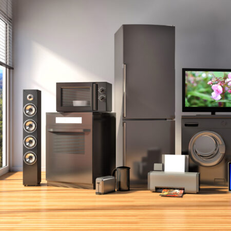 Home appliances. Gas cooker, tv cinema, refrigerator, microwave, laptop and washing machine. 3d illustration