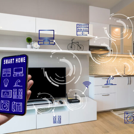 Smart Home and augmented reality Technology concept, Hand holding smart phone