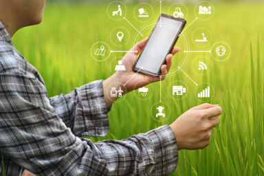 Agriculture technology farmer man using smartphone analysis data and visual icon.