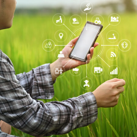 Agriculture technology farmer man using smartphone analysis data and visual icon.