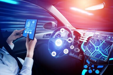 Driverless car interior with futuristic dashboard for autonomous control system
